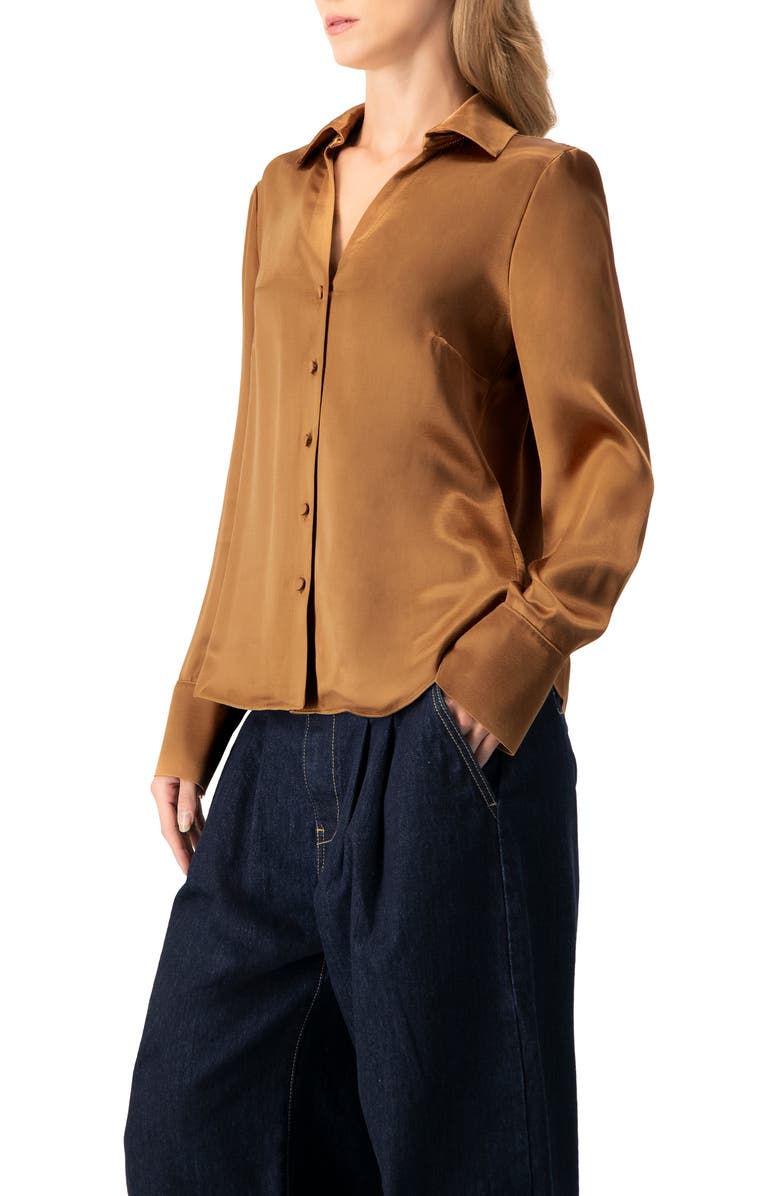 IVONNE Solid Long Sleeve Satin Shirt, Alternate, color, Brown