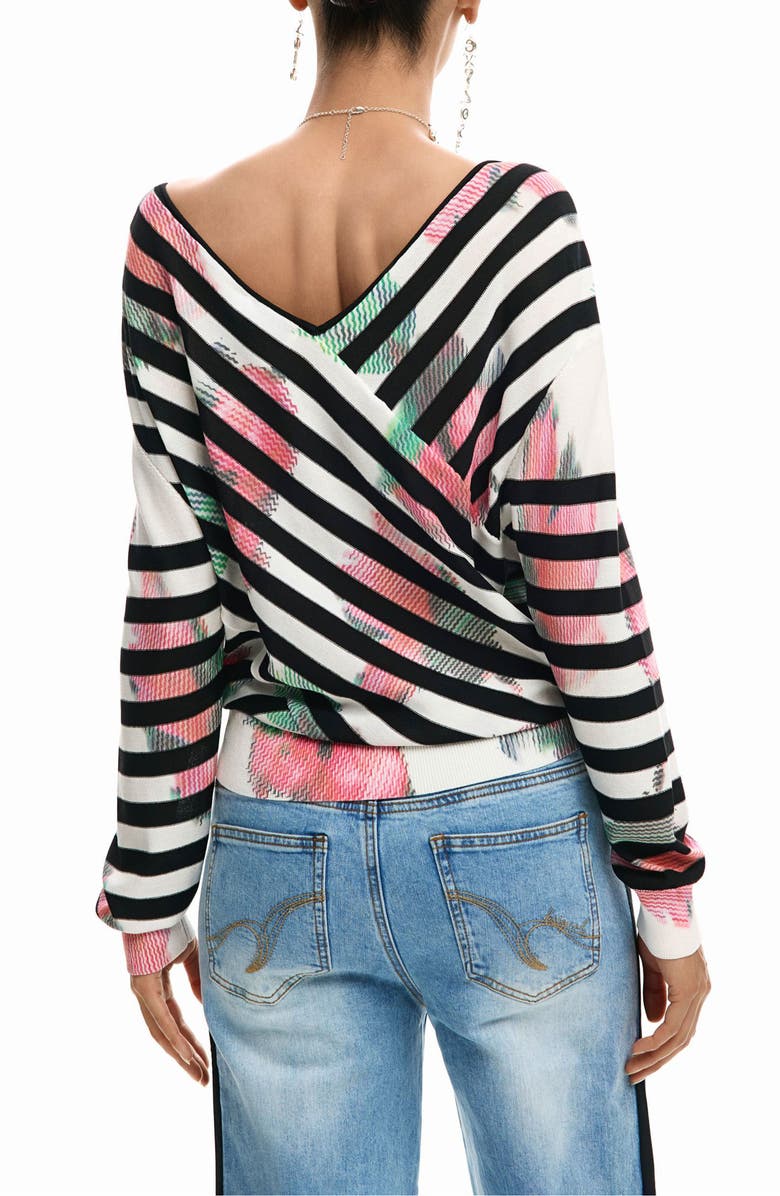 Desigual Stripe Fine Gauge Surplice Neck Sweater, Alternate, color, 