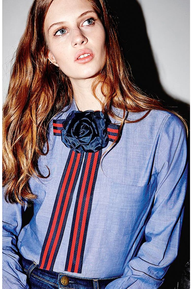 Flower & Stripe Ribbon Bow Tie, Alternate, color, NAVY/ RED