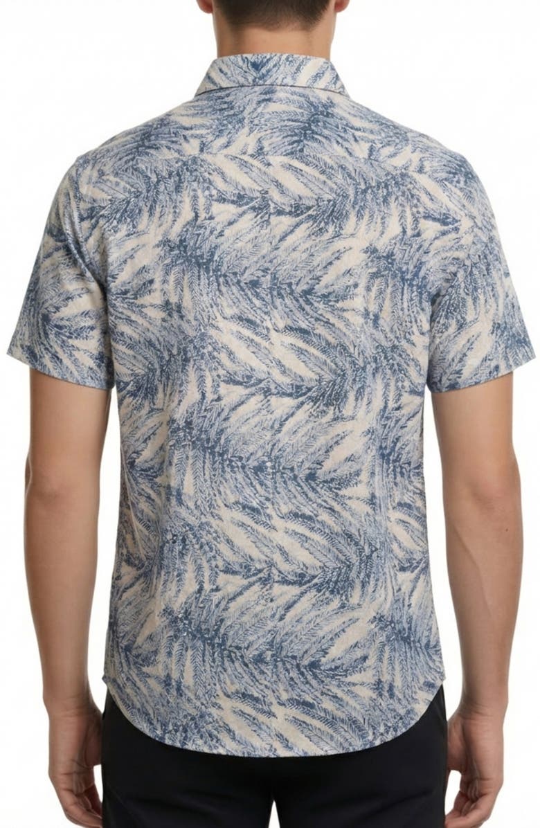 Report Collection Tropical Print Short Sleeve Linen & Cotton Button-Up Shirt, Alternate, color, Blue