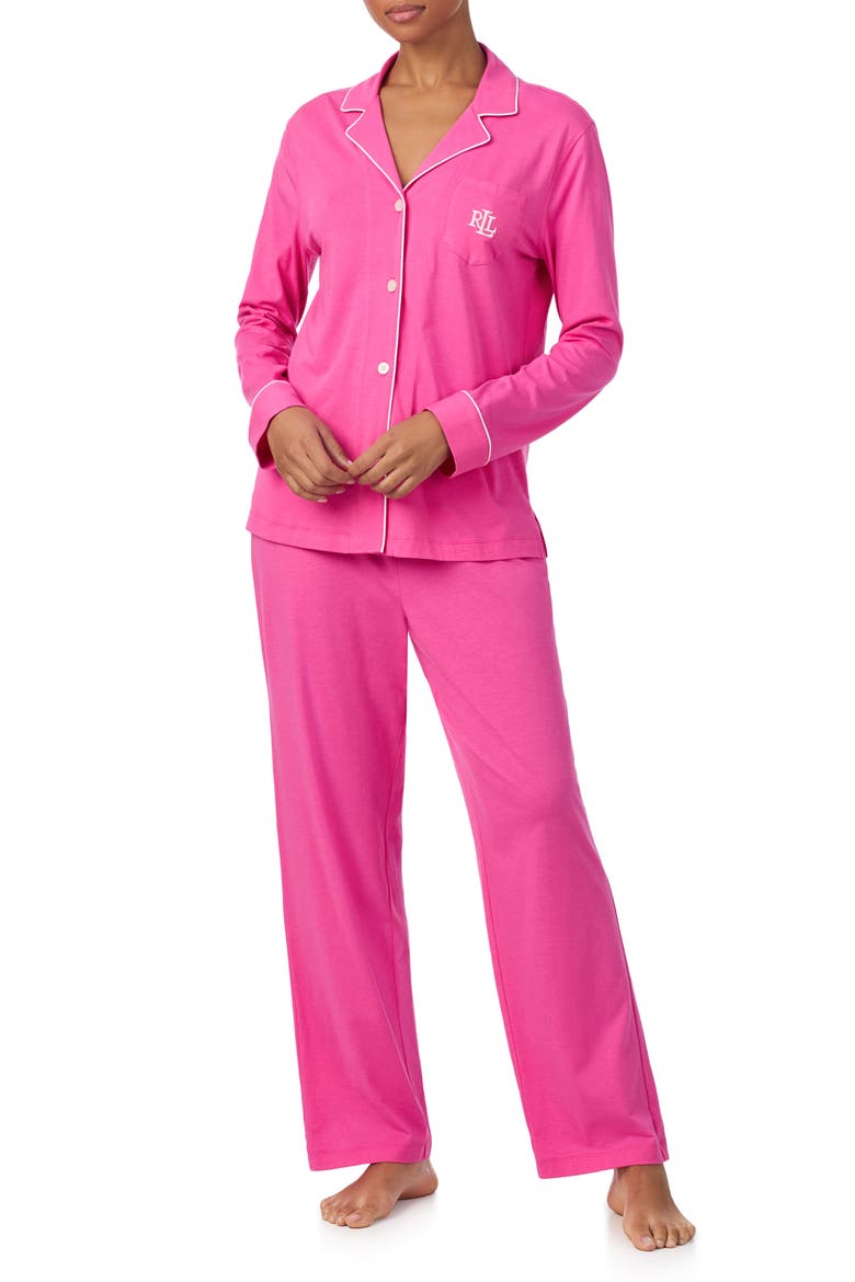 Notch Collar Long Pajamas, Main, color, DARK PINK