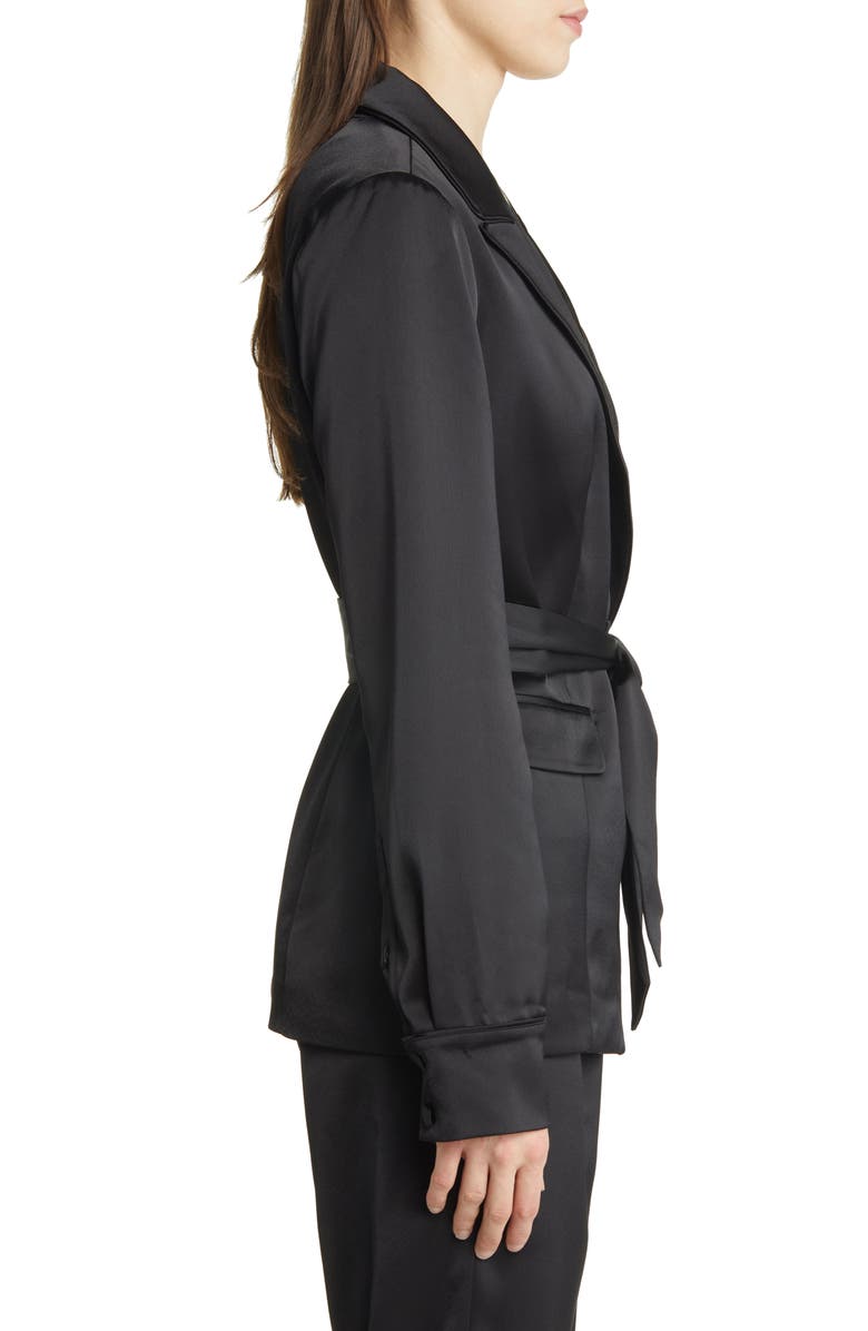 PAIGE Havenn Tie Waist Satin Blazer, Alternate, color, Black