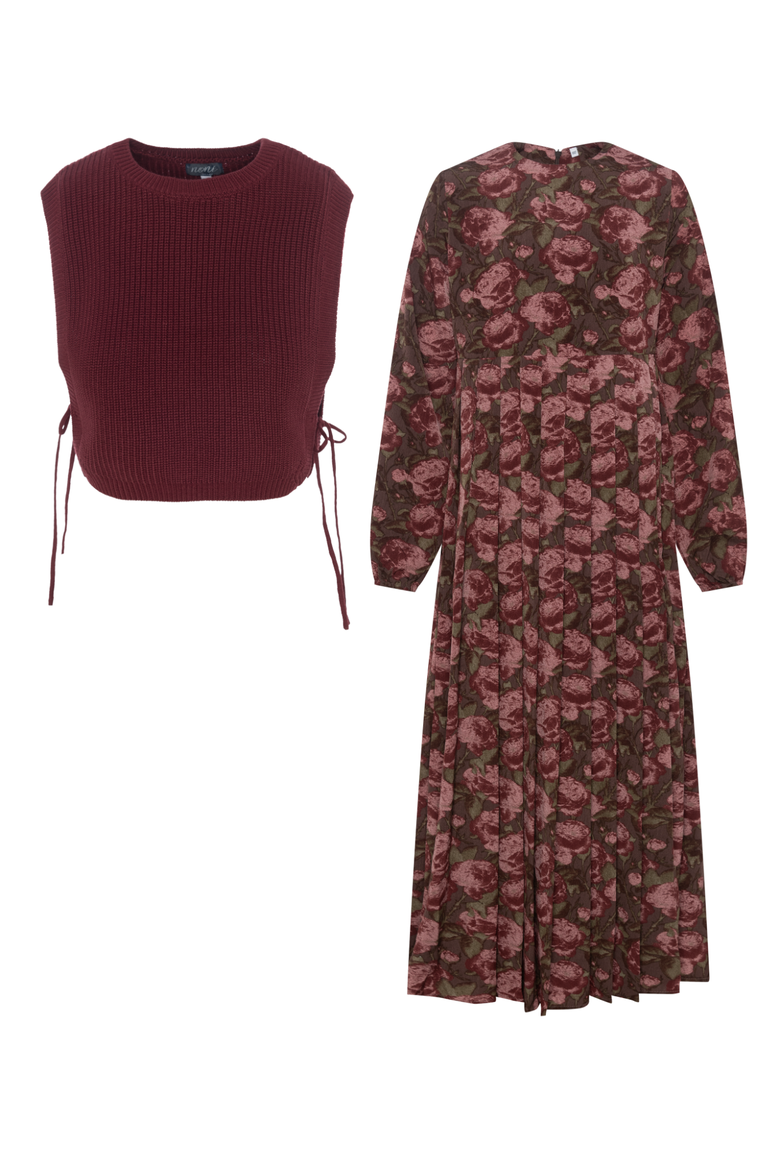 Woven Floral Print Dress with Removable Vest, Main, color, Brown