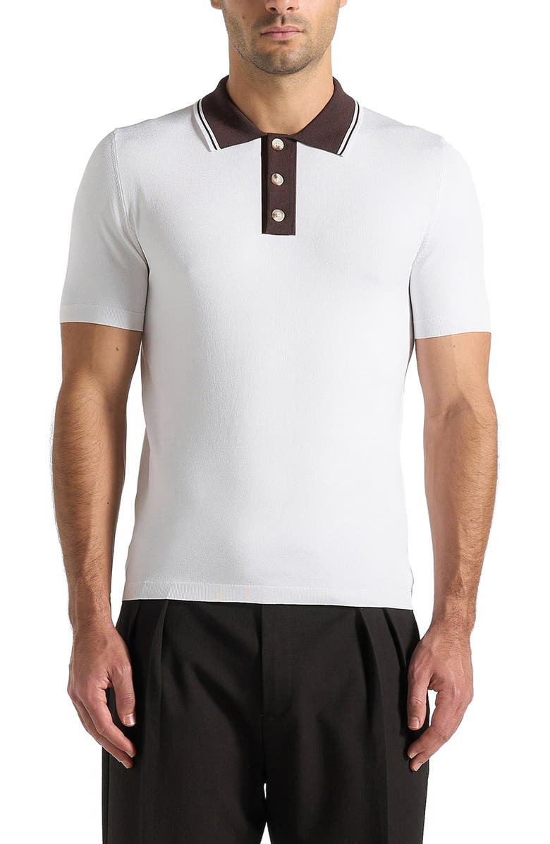 Manière De Voir Roux Contrast Detail Luxe Knit Polo Shirt, Alternate, color, White