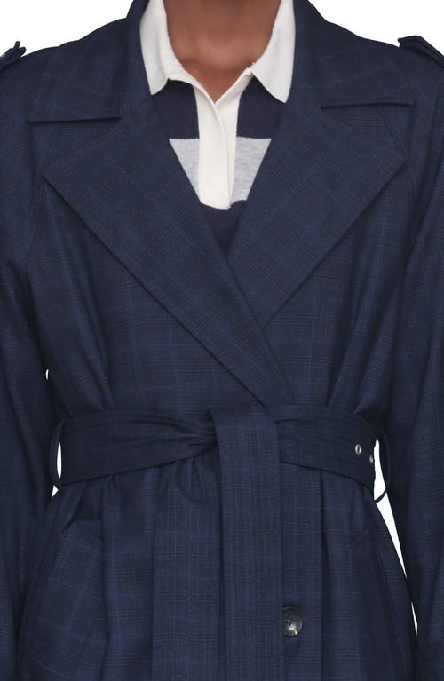 Avec Les Filles Plaid Double Breasted Belted Trench Coat In Blue