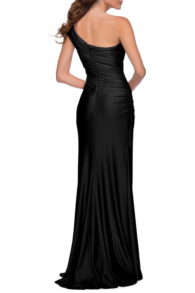 One Shoulder Shiny Ruched Jersey Dress with Slit, Alternate, color, BLACK