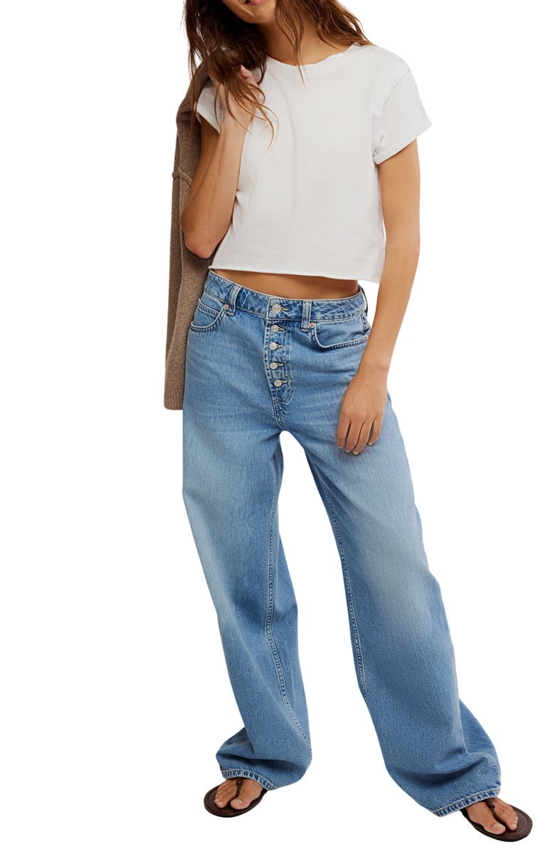 Free People Nia Exposed Button Wide Leg Jeans, Alternate, color, Friday