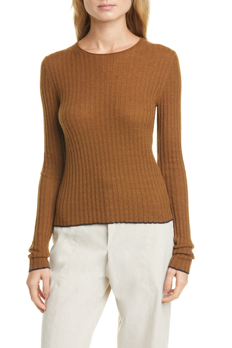Ribbed Cashmere Crewneck Sweater, Main, color, PECAN/ PALO SANTO