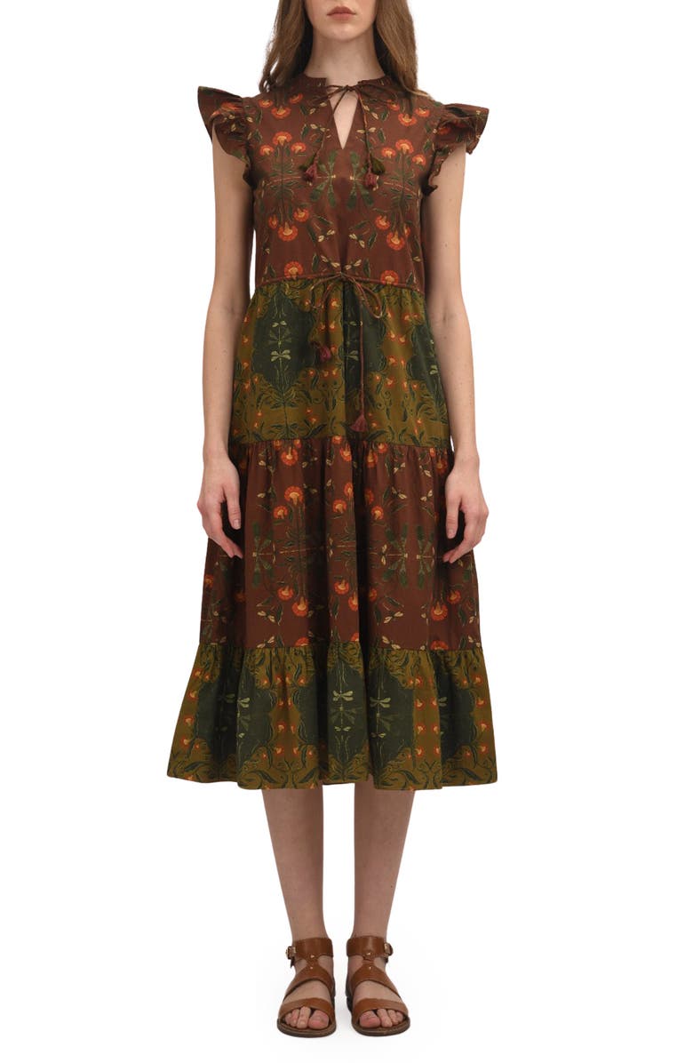 Celina Moon Woodland Floral Long Sleeve Midi Dress, Main, color, Green