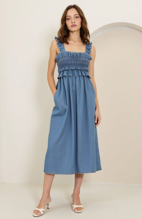Modenaire Smocked Ruffle Strap Midi Dress With Flowy Skirt In Blue