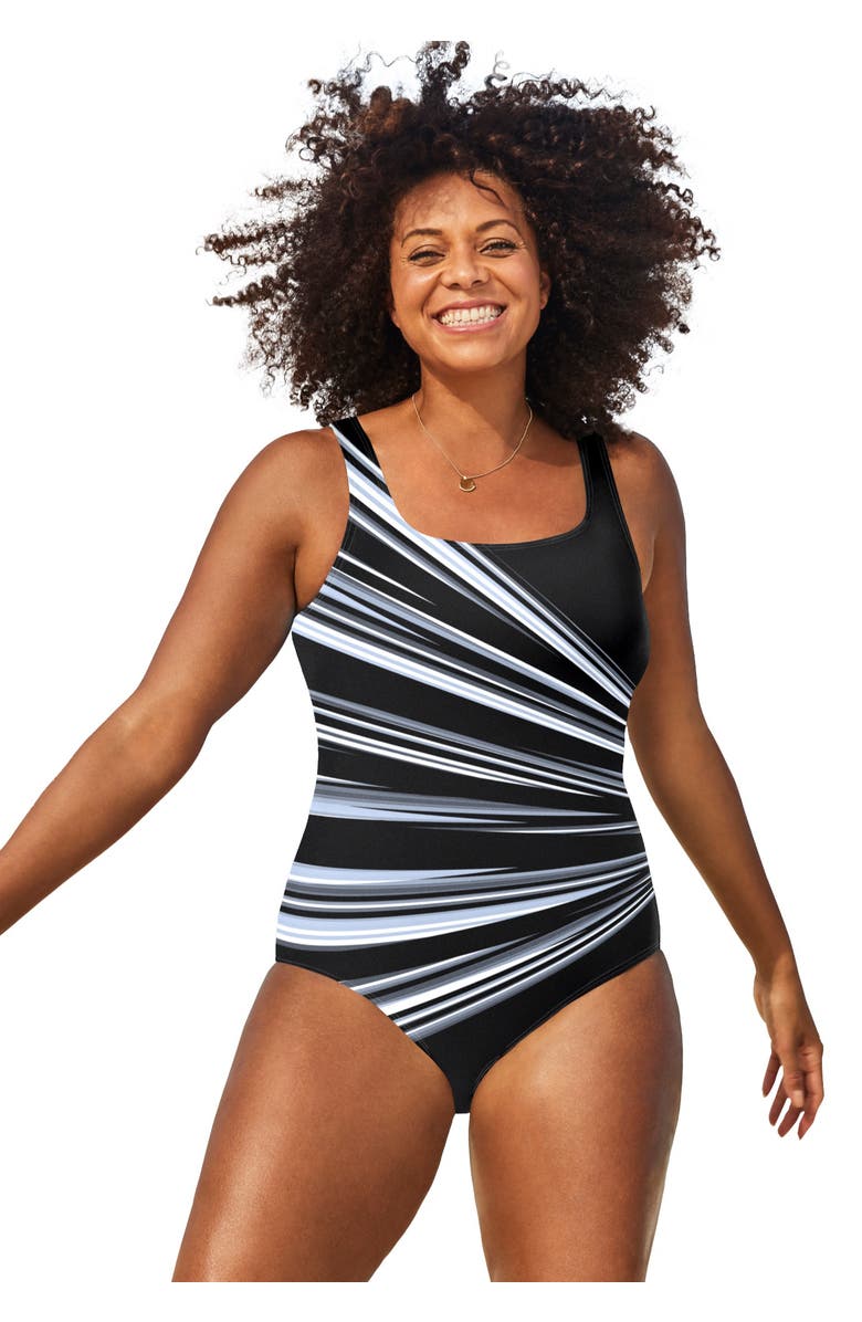 Swimsuits for All Chlorine Resistant Square Neck Tank One Piece Swimsuit, Main, color, Black White Starburst