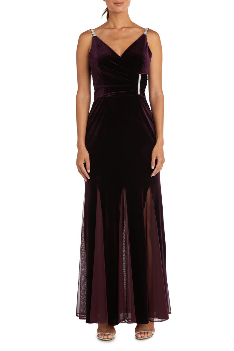 Stretch Velvet V-Neck Gown, Main, color, MAROON