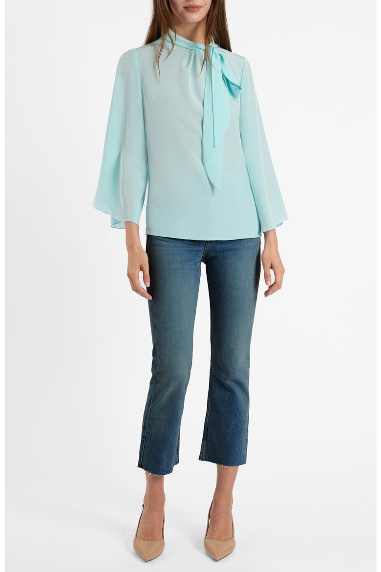 Lena Tie Neck Blouse in Silk Crepe De Chine, Alternate, color, Sky Blue