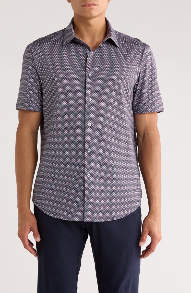 Bugatchi Miles Short Sleeve 8-Way Stretch OoohCotton<sup>®</sup> Button-Up Shirt, Main, color, Cement