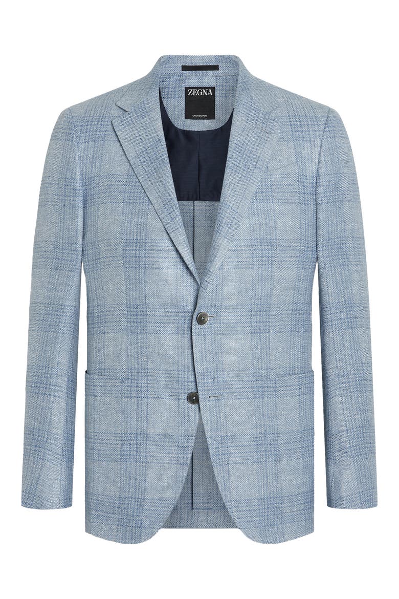 Crossover Plaid Linen, Wool & Silk Sport Coat, Main, color, BLUE CKECK