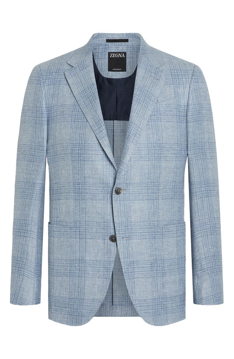 ZEGNA Crossover Plaid Linen, Wool & Silk Sport Coat, Main, color, Blue Ckeck