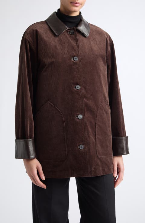 Leather Trim Cotton Stretch Corduroy Car Coat
