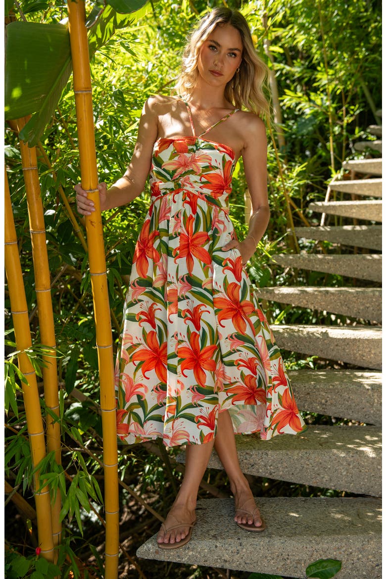 Jungle Blossoms Lace Trim Midi Dress, Alternate, color, ORANGE MULTI
