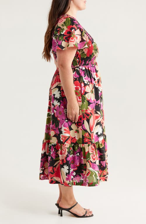 Anne Klein Floral Smocked Flutter Sleeve Cotton Maxi Dress In Multi