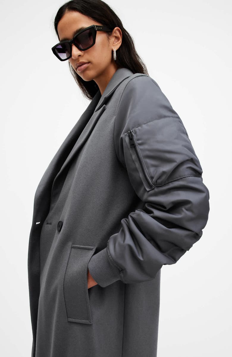 AllSaints Paulah Mixed Media Wool Blend Coat, Alternate, color, Eiffel Grey