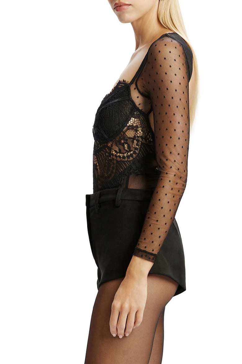 Farrah Lace & Mesh Bodysuit, Alternate, color, BLACK