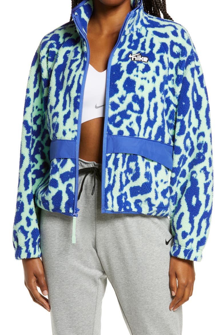 Sportswear Animal Print Fleece Jacket, Main, color, ASTRONOMY BLUE/ WHITE
