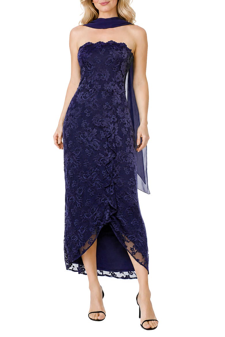 Strapless Lace High-Low Gown with Wrap, Main, color, NAVY