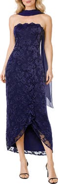 Oleg Cassini Strapless Lace High-Low Gown with Wrap