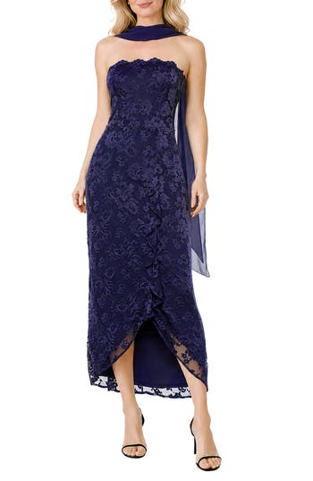 Oleg Cassini Strapless Lace High-low Gown With Wrap In Navy