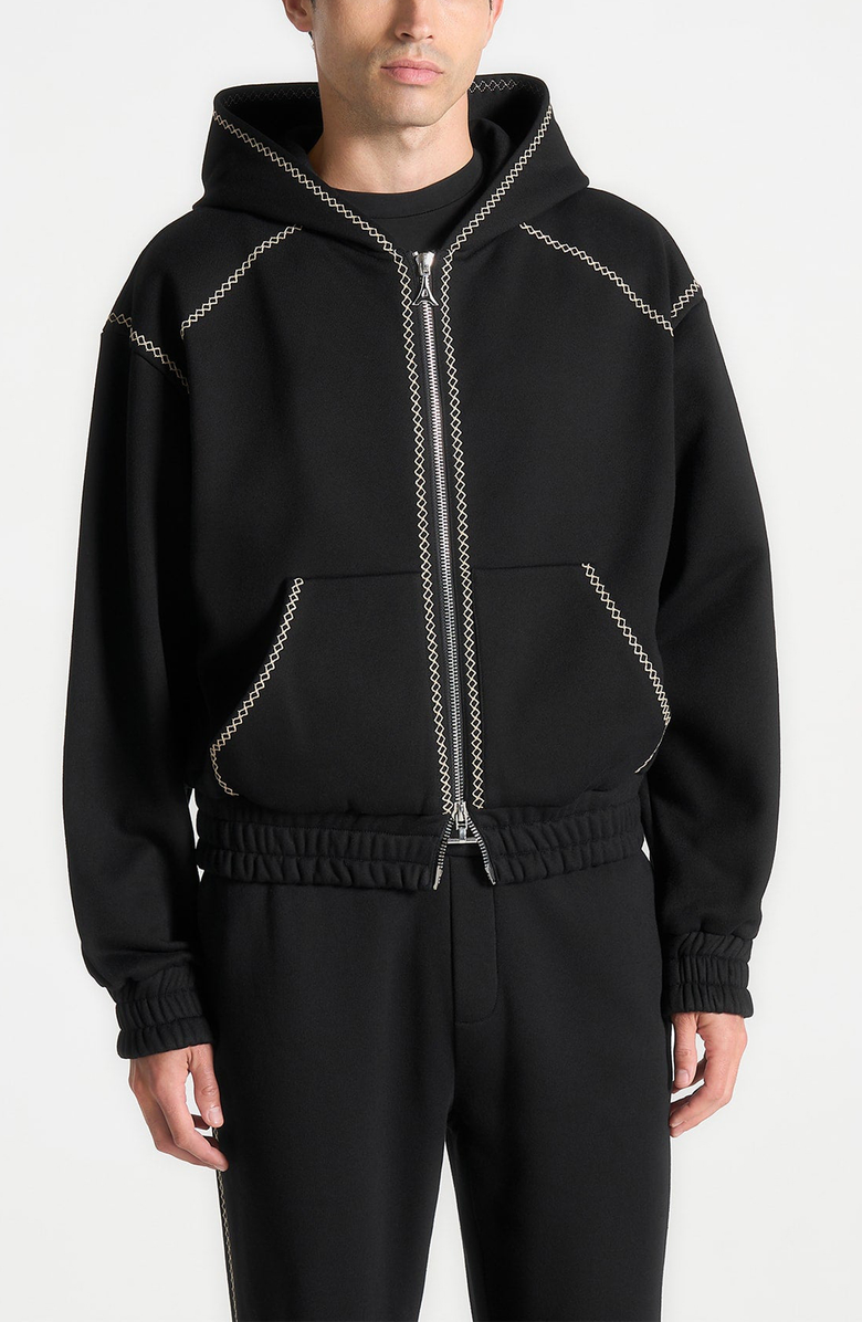 Manière De Voir Ivan Whipstitch Raglan Effect Zip Hoodie, Alternate, color, Black