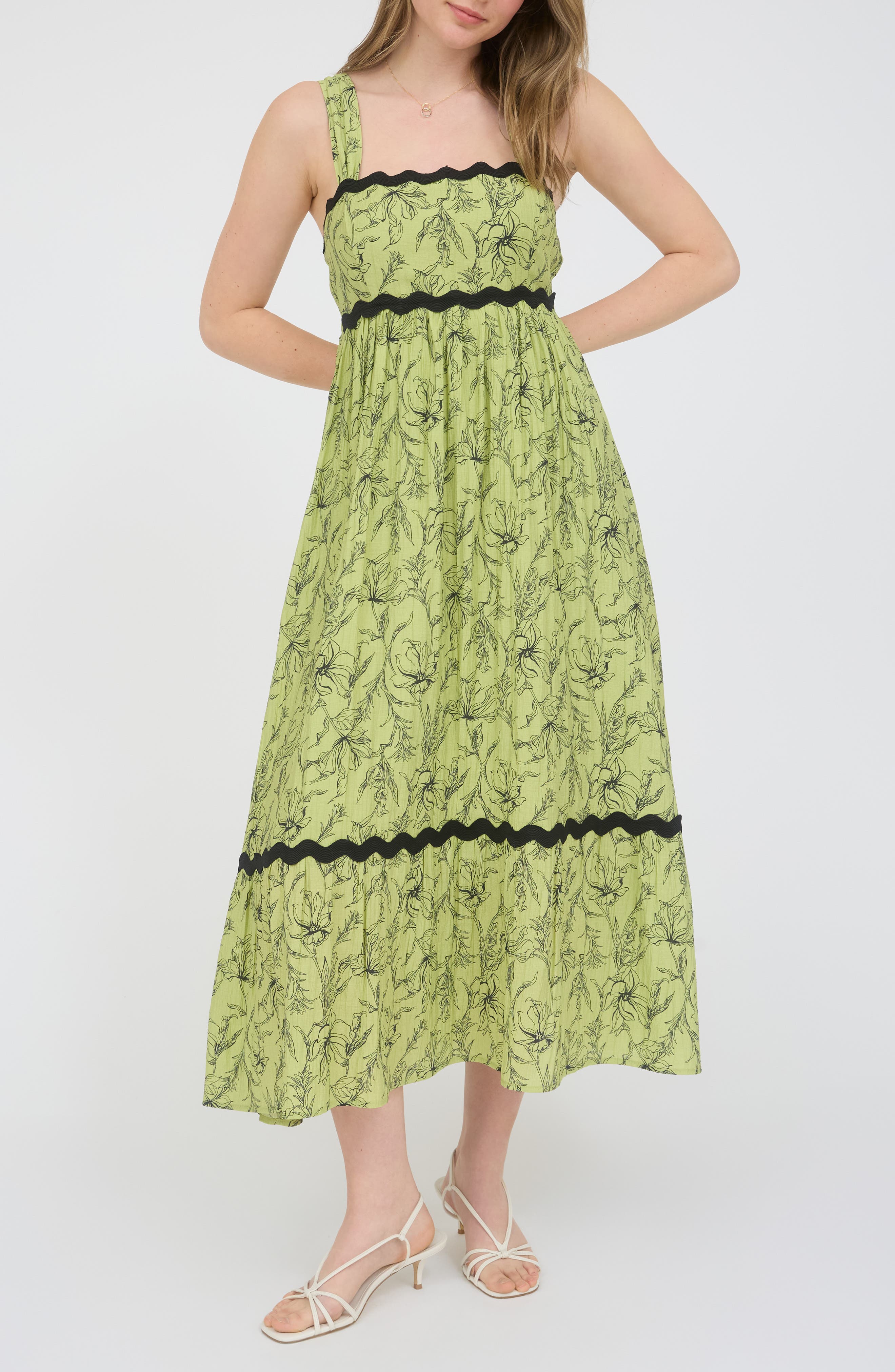 AUGUST SKY Floral Rickrack Trim Midi Sundress