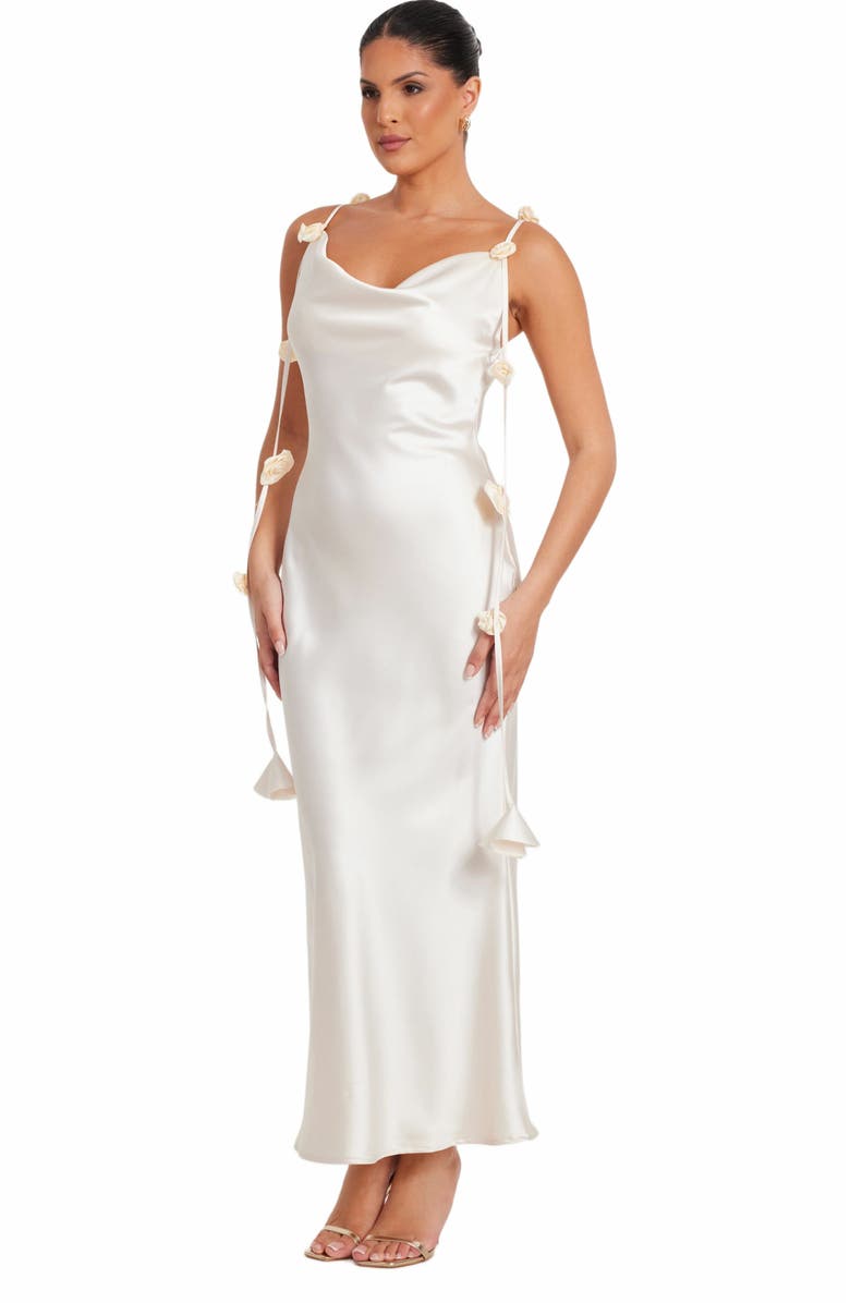 QUIZ Satin Cowl Neck Maxi Dress With Trailing Floral Trim, Alternate, color, 