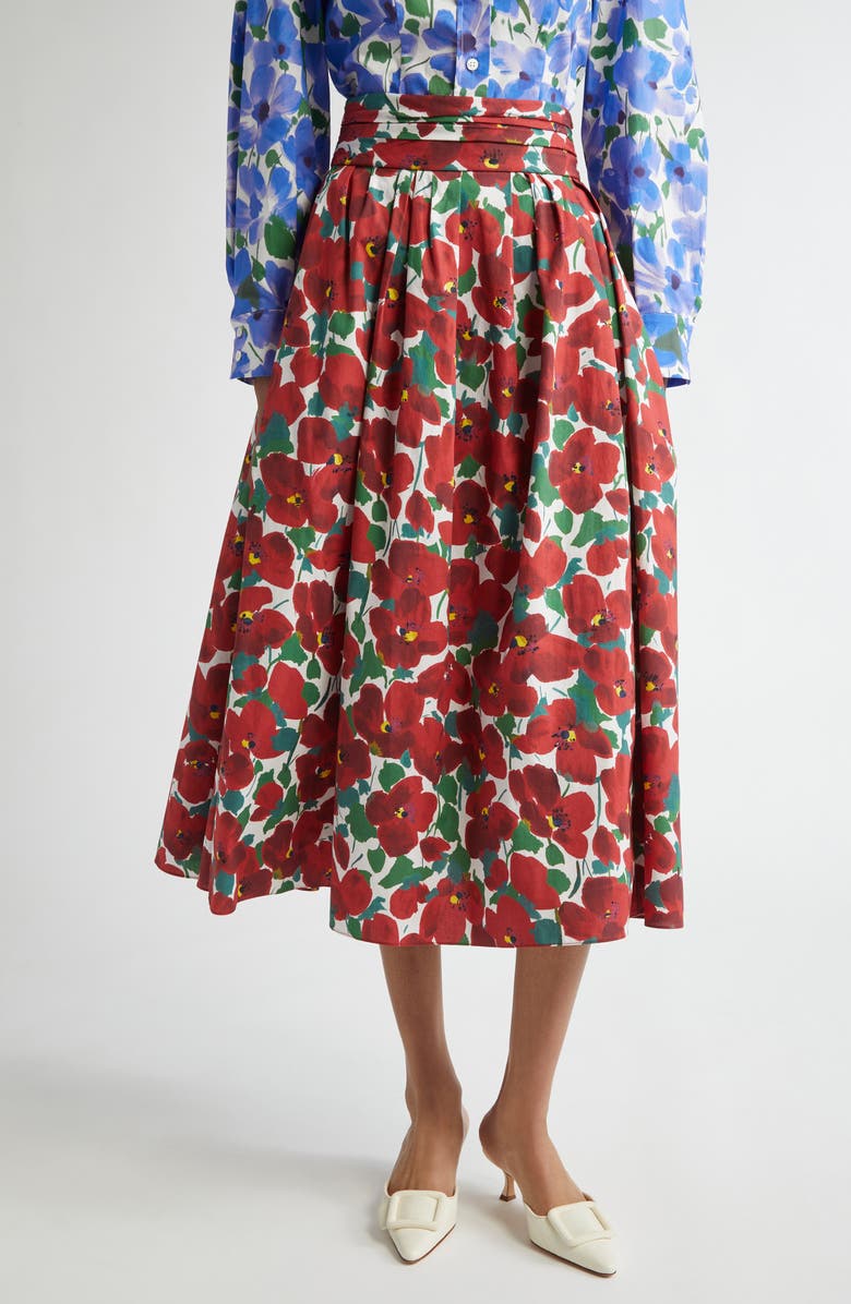Carolina Herrera Floral Cummerbund Stretch Cotton Midi Skirt, Main, color,