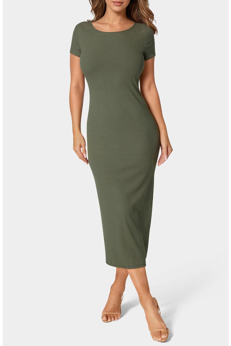 Short Sleeve Ribbed Midi Dress, Main, color, OLIVE