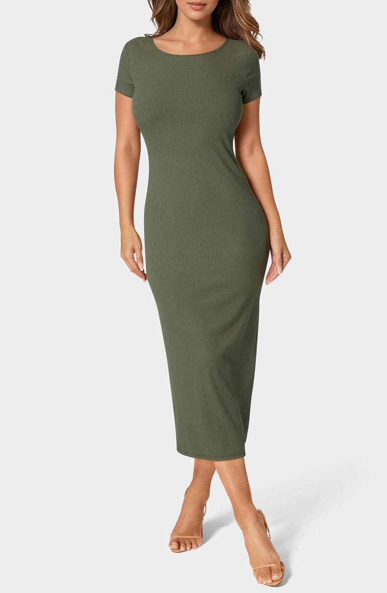 bebe Short Sleeve Ribbed Midi Dress, Main, color, Olive