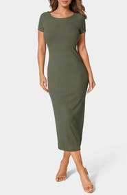 bebe Short Sleeve Ribbed Midi Dress