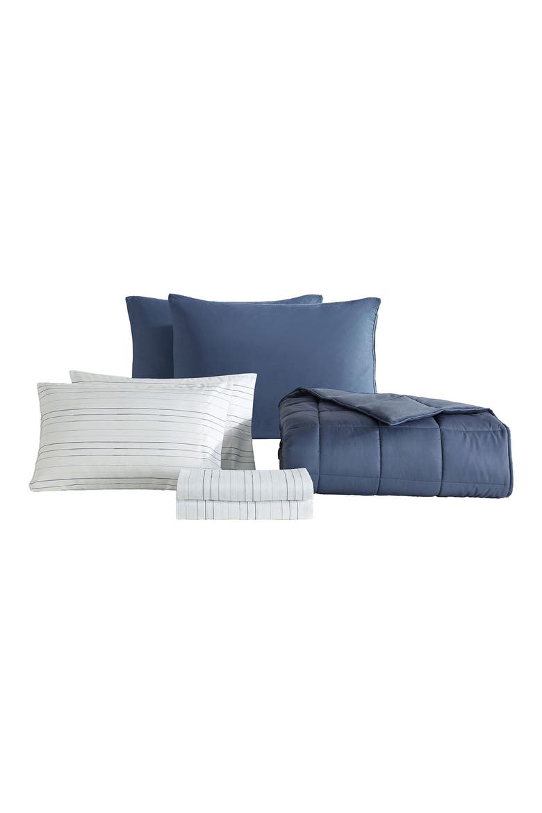 Reversible Plush Washed Microfiber Comforter Bedding Set, Alternate, color, MEDIUM / DARK BLUE