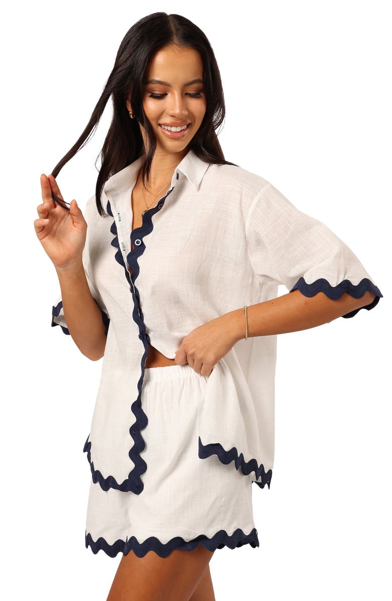 Petal & Pup Wilson Rickrack Trim Oversize Cotton Button-Up Top & Shorts Set, Alternate, color, White Navy