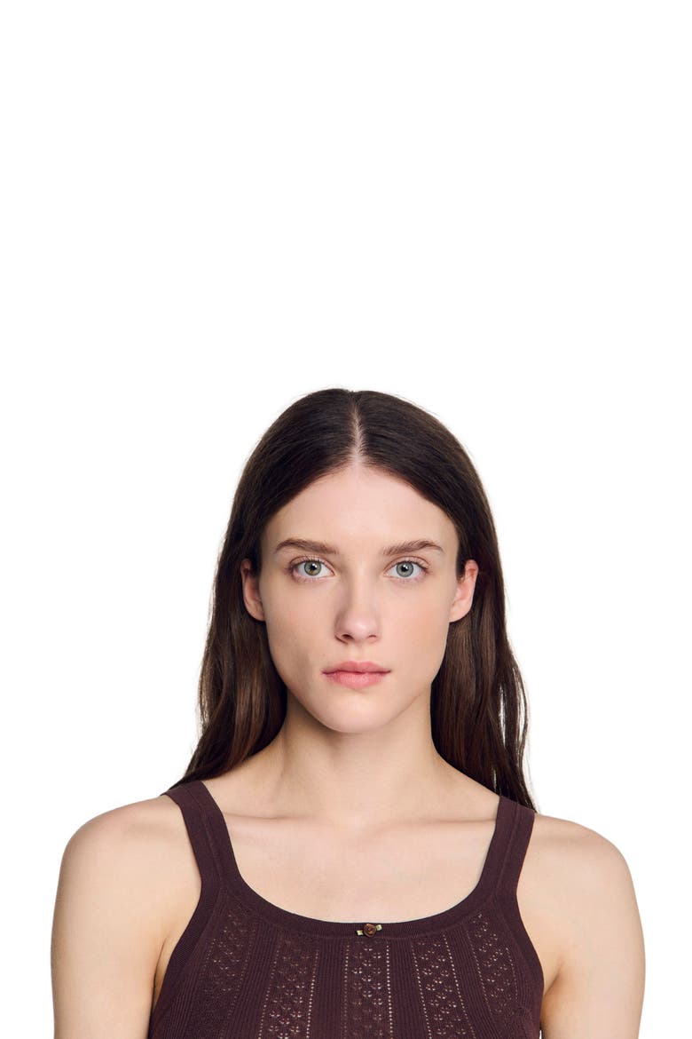 Pointelle knit vest top with bow, Main, color, Brown