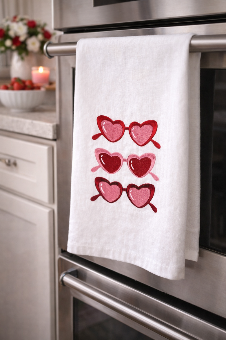Heart Glasses Embroidered 100% Cotton Flour Sack Valentine's Day Dishtowel, Alternate, color, Pink