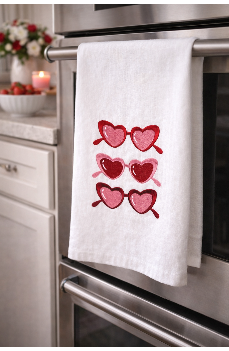 C&F Home Heart Glasses Embroidered 100% Cotton Flour Sack Valentine's Day Dishtowel, Alternate, color, Pink