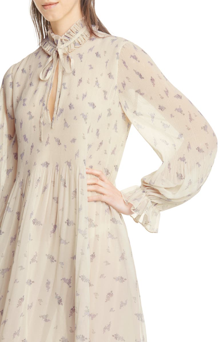 Ganni Floral Print Pleated Georgette Long Sleeve Midi Dress, Alternate, color, 