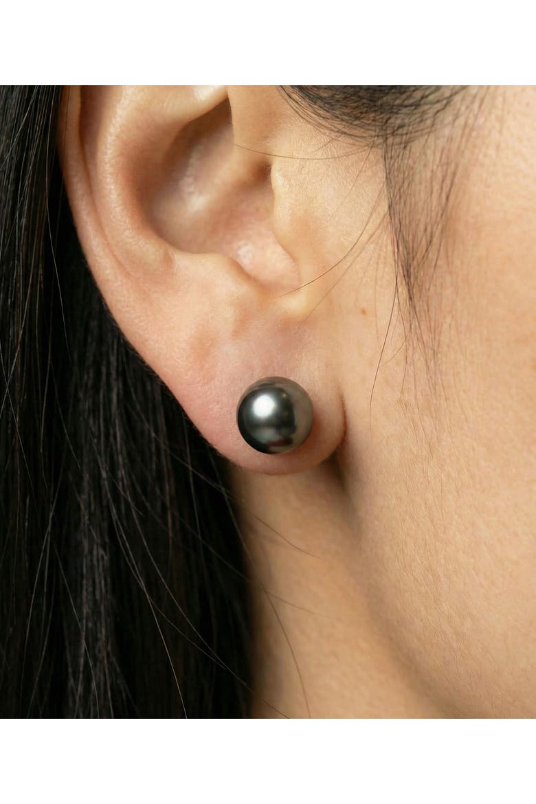 8.5-9.0mm Black Akoya Round Pearl Stud Earrings, Alternate, color, White Gold