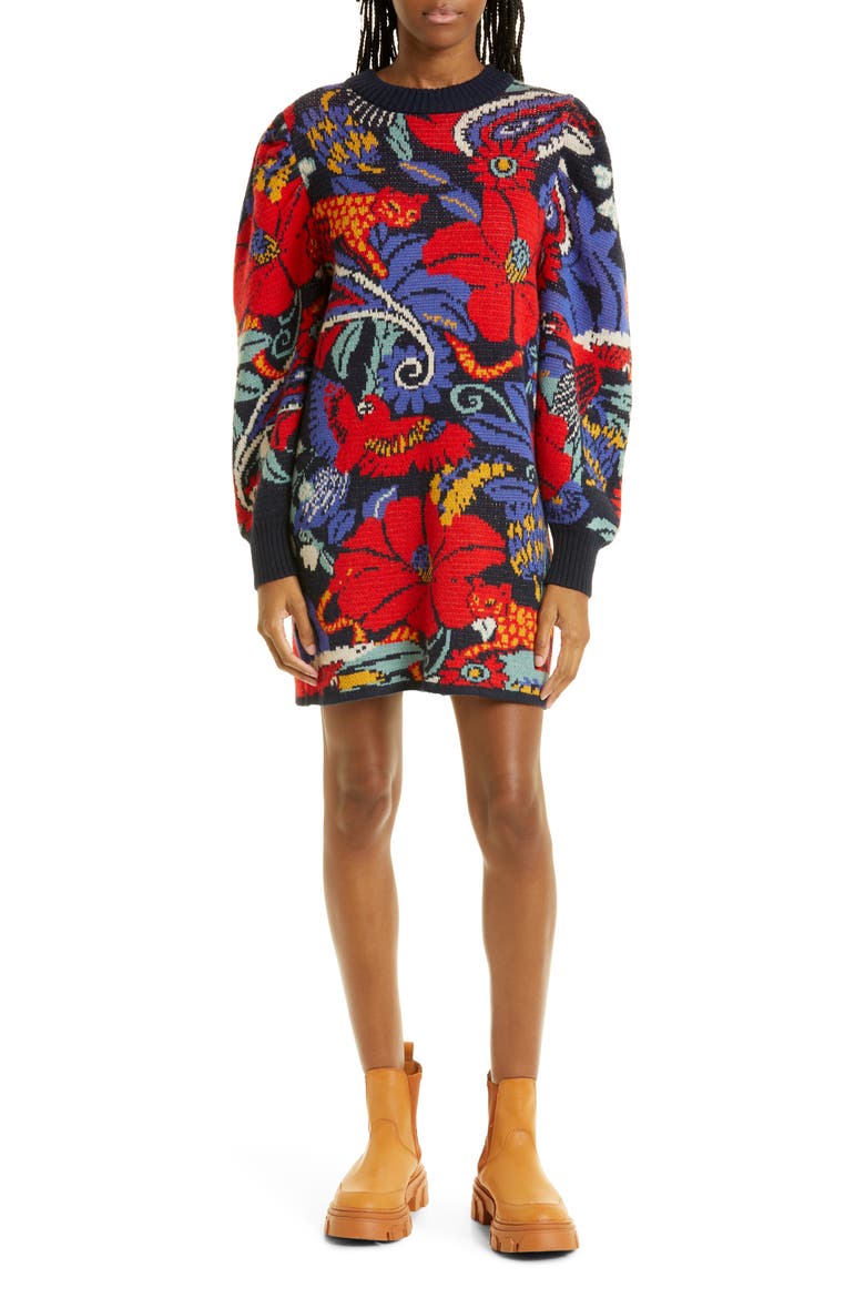 Jungle Pattern Long Sleeve Crewneck Sweater Dress, Main, color, VINTAGE FOREST BLUE