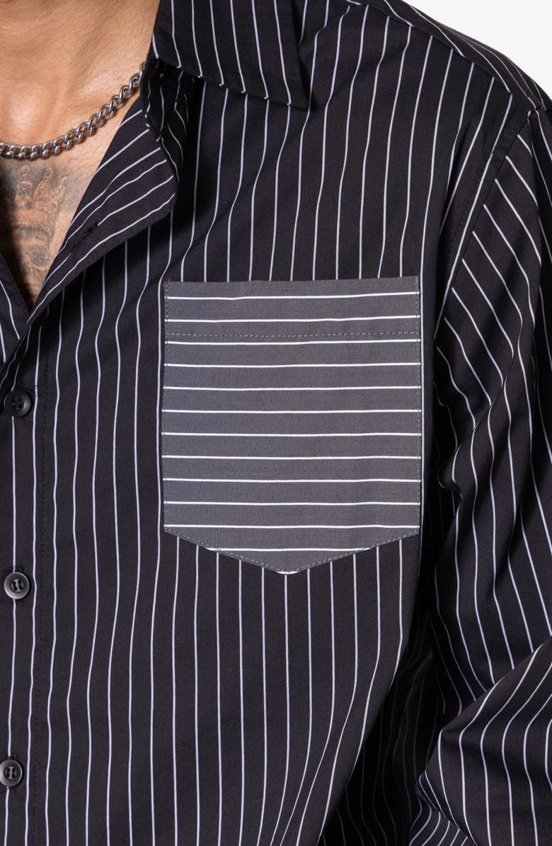 mnml Oversize Mismatched Pinstripe Button-Up Shirt Jacket, Alternate, color, Black