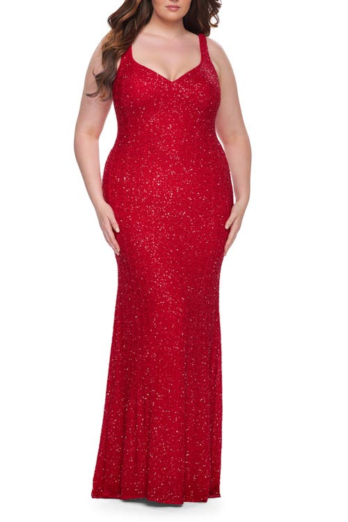 La Femme Fitted Stretch Sequin Plus Size Dress With V-neck
