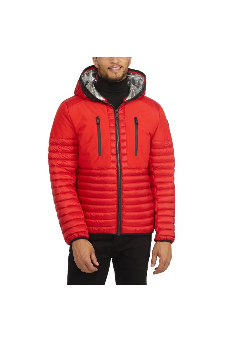 Finn Lightweight Mixed Media Puffer with Fixed Hood, Main, color, Current Red