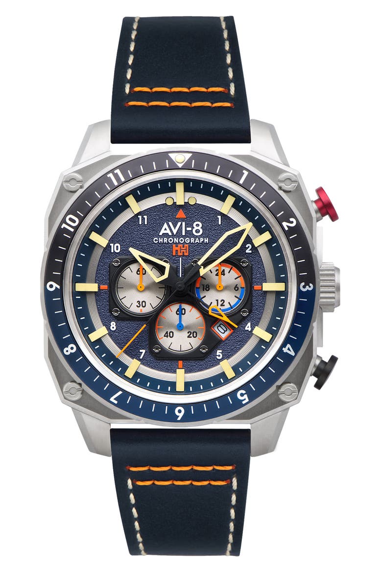 Hawker Hunter Atlas Pavillion Blue Dual Time Chronograph Leather Strap Watch, 43mm, Main, color, BLUE