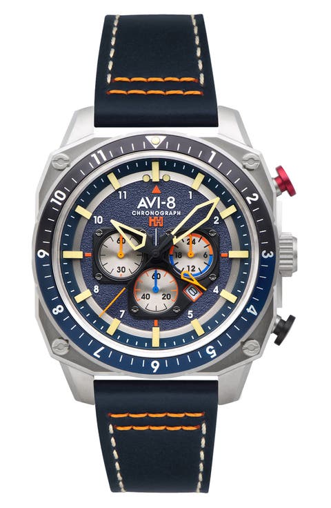Hawker Hunter Atlas Pavillion Blue Dual Time Chronograph Leather Strap Watch, 43mm
