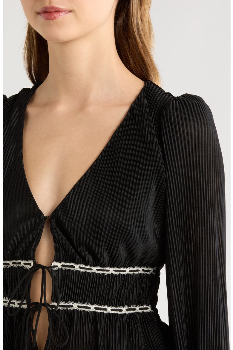Tie Front Satin Plissé Top, Alternate, color, BLACK